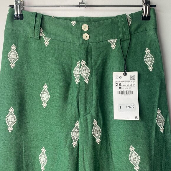 Zara NWT Green Wide-Leg Cropped Pants With White Embroidered Pattern XS - Picture 3 of 6